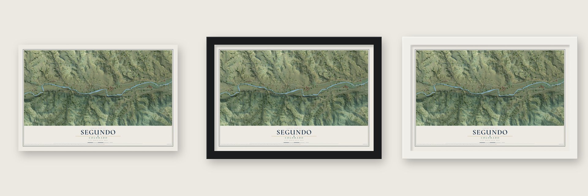 Segundo, Colorado map unframed, in a black wood frame and in a white wood frame