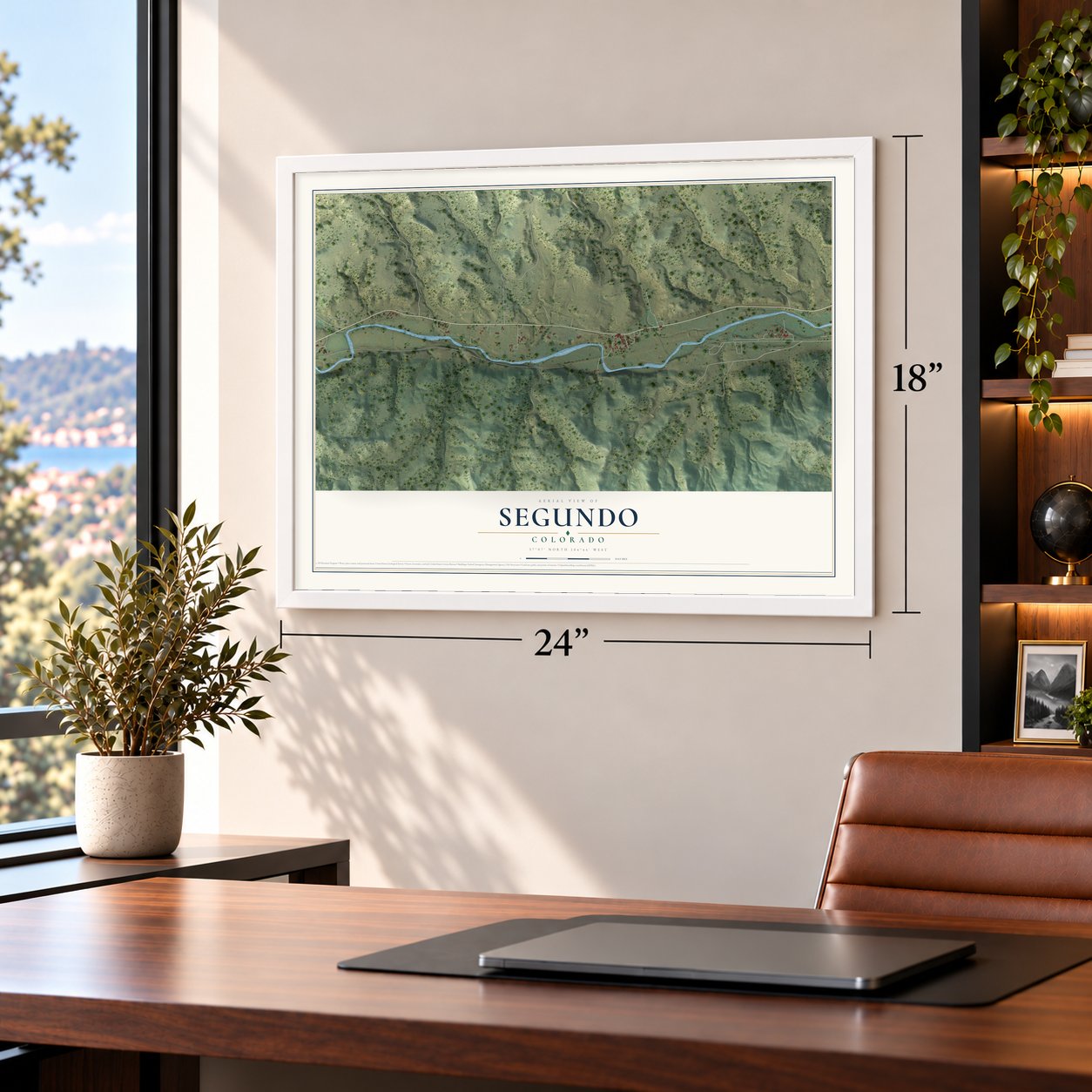 Segundo, Colorado map, 18 x 24 inch print in a white frame in a home office