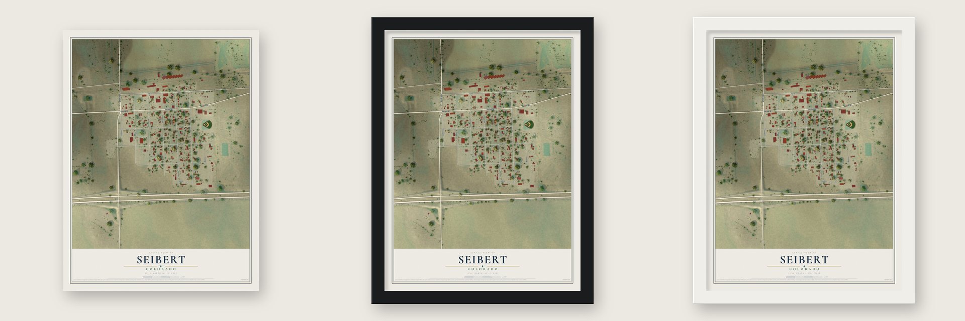 Seibert, Colorado map unframed, in a black wood frame and in a white wood frame