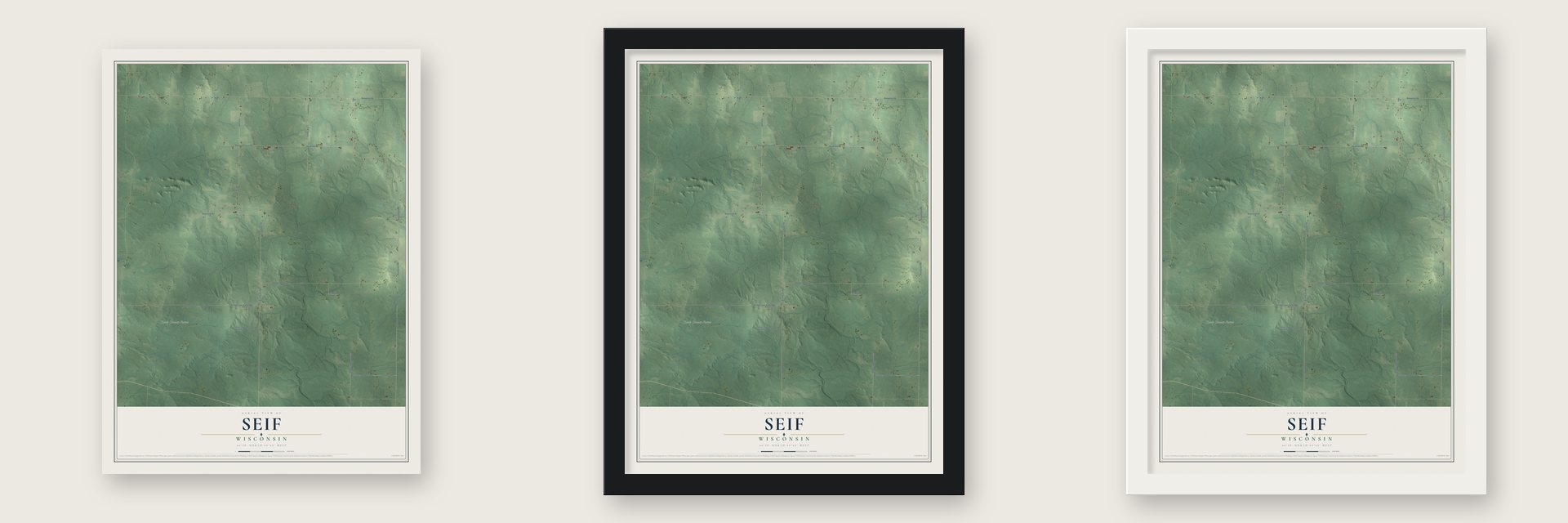 Seif, Wisconsin map unframed, in a black wood frame and in a white wood frame