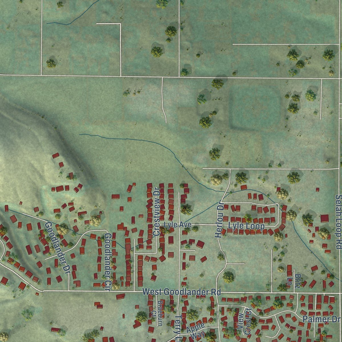 Second close-up of the map of Selah, Washington print showing more streets and buildings