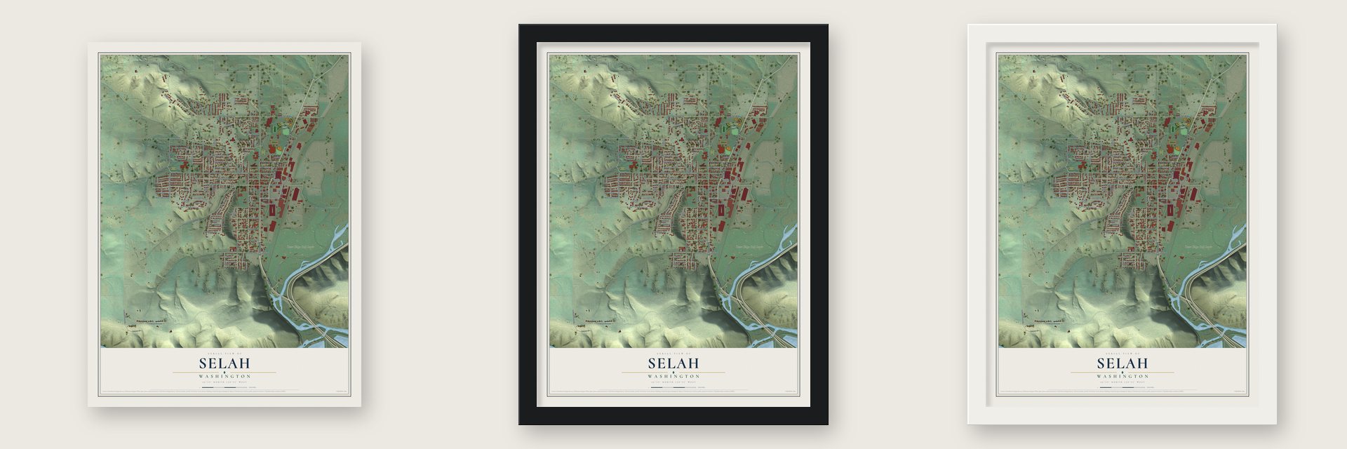 Selah, Washington map unframed, in a black wood frame and in a white wood frame