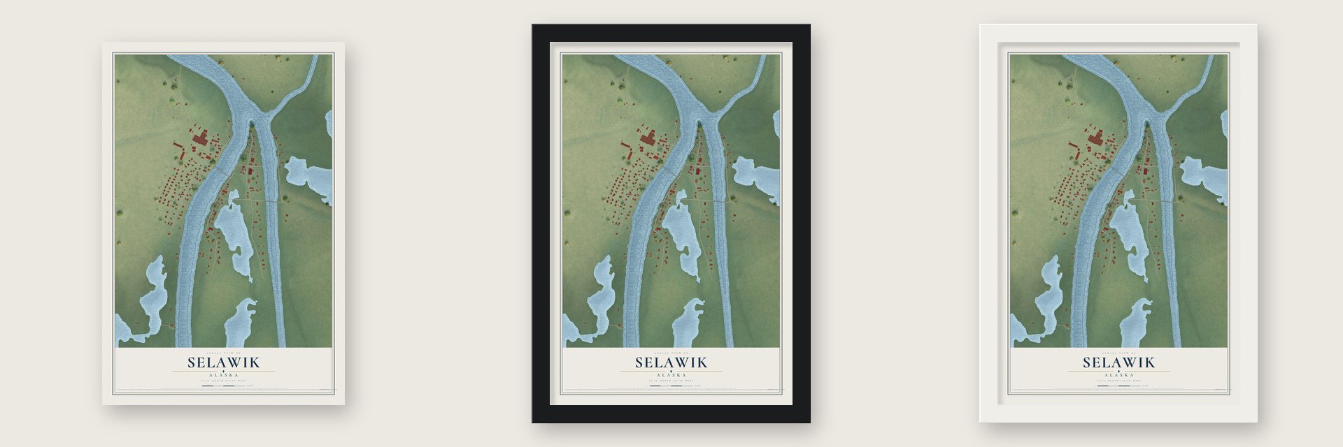 Selawik, Alaska map unframed, in a black wood frame and in a white wood frame