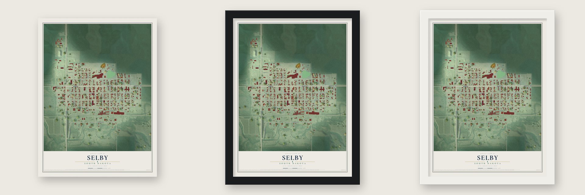 Selby, South Dakota map unframed, in a black wood frame and in a white wood frame