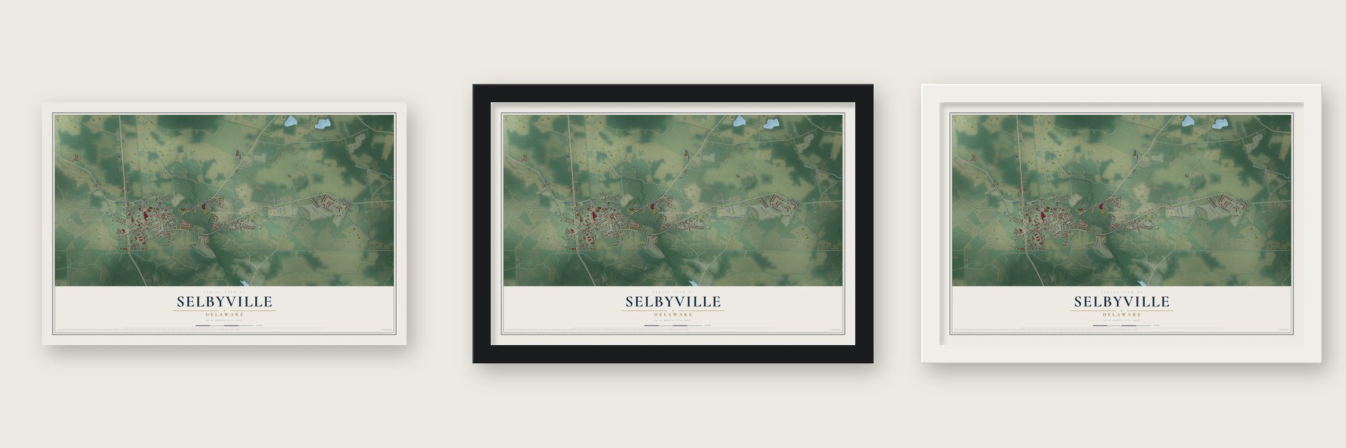 Selbyville, Delaware map unframed, in a black wood frame and in a white wood frame