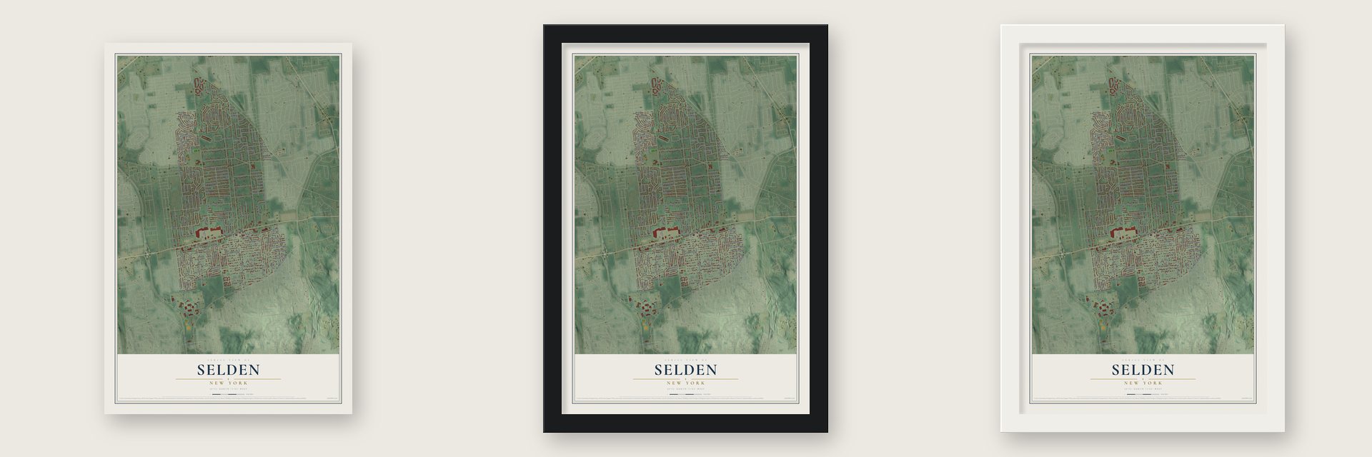 Selden, New York map unframed, in a black wood frame and in a white wood frame