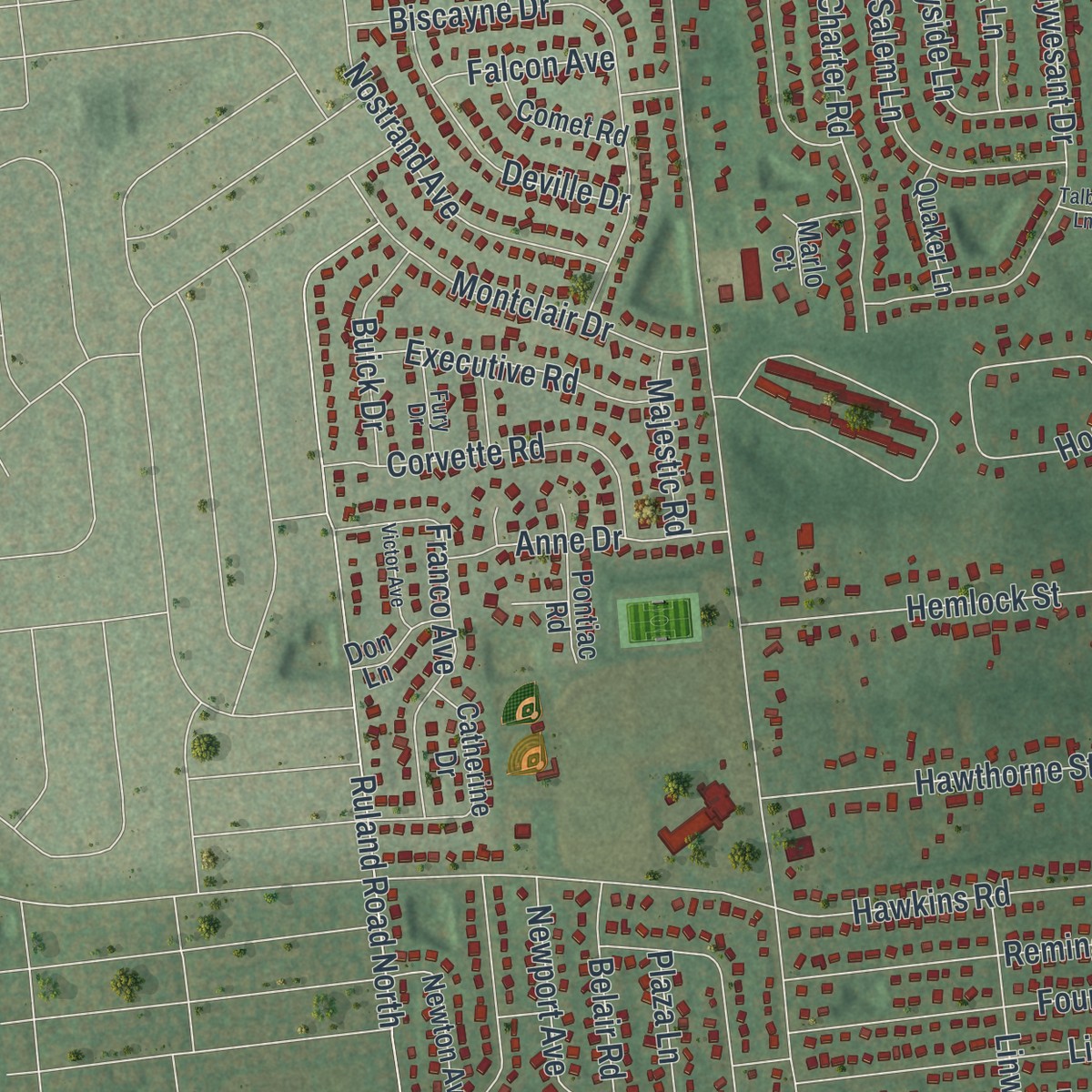 Second close-up of the map of Selden, New York print showing more streets and buildings