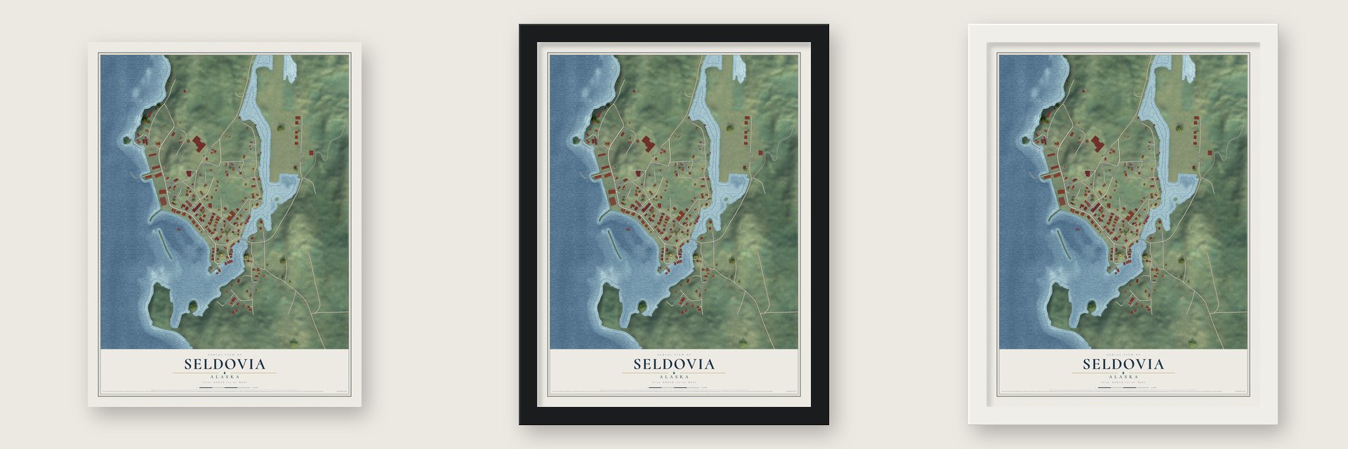 Seldovia, Alaska map unframed, in a black wood frame and in a white wood frame