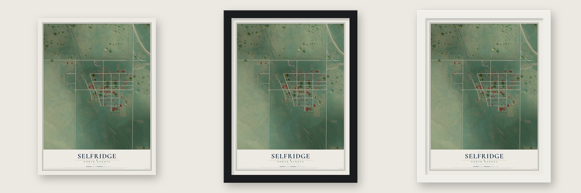 Selfridge, North Dakota map unframed, in a black wood frame and in a white wood frame