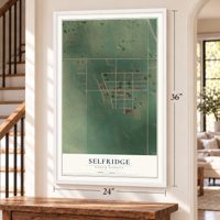 Selfridge, North Dakota map, 24 x 36 inch print in a white frame by a staircase