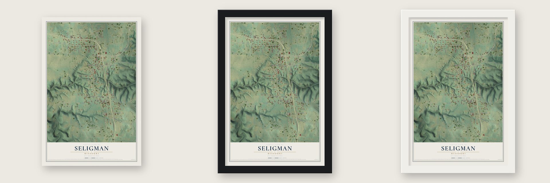 Seligman, Missouri map unframed, in a black wood frame and in a white wood frame