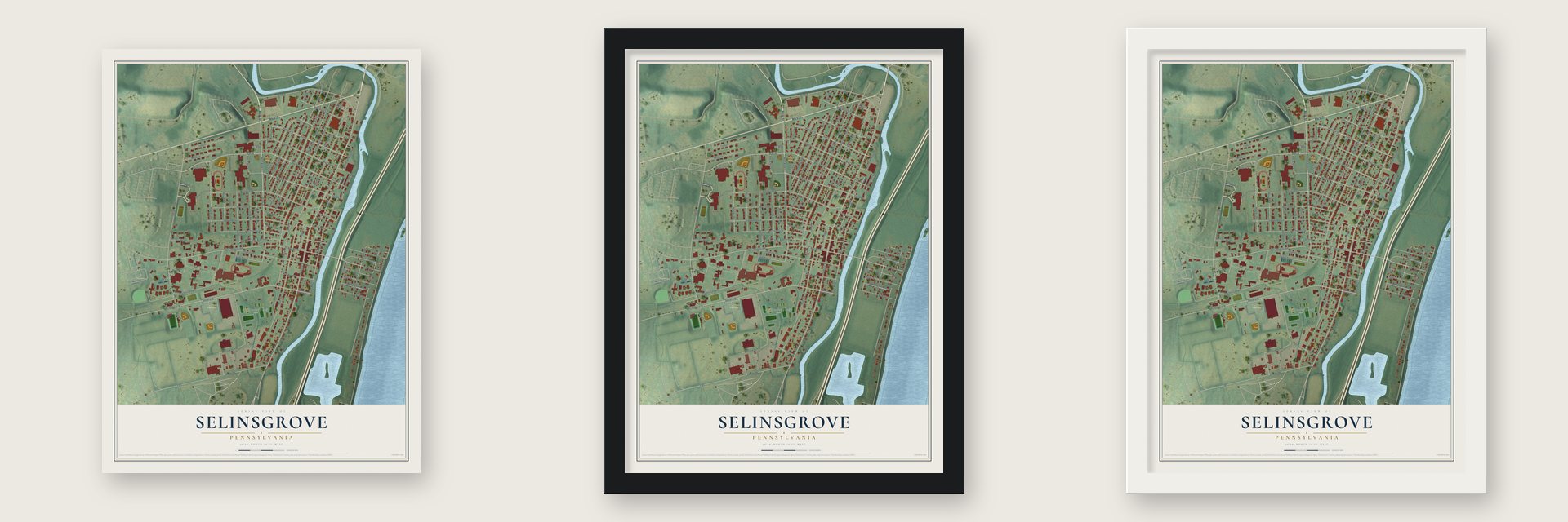 Selinsgrove, Pennsylvania map unframed, in a black wood frame and in a white wood frame