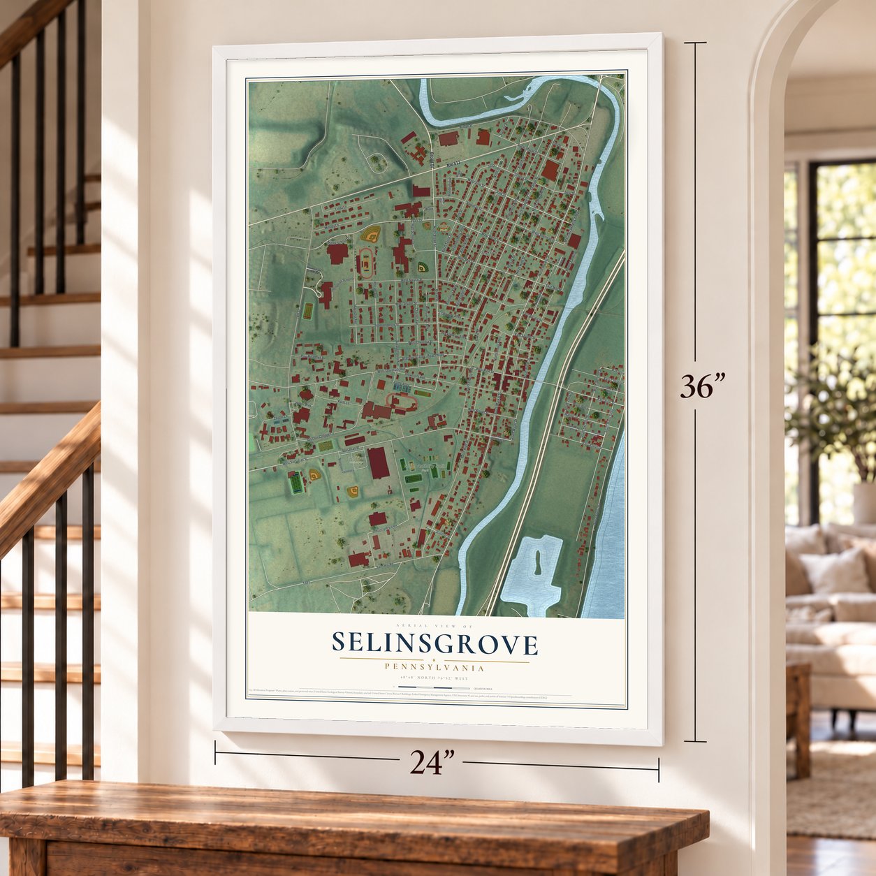 Selinsgrove, Pennsylvania map, 24 x 36 inch print in a white frame by a staircase