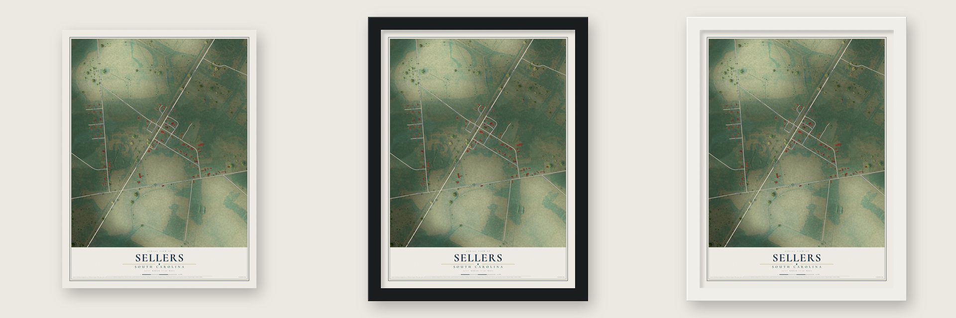 Sellers, South Carolina map unframed, in a black wood frame and in a white wood frame