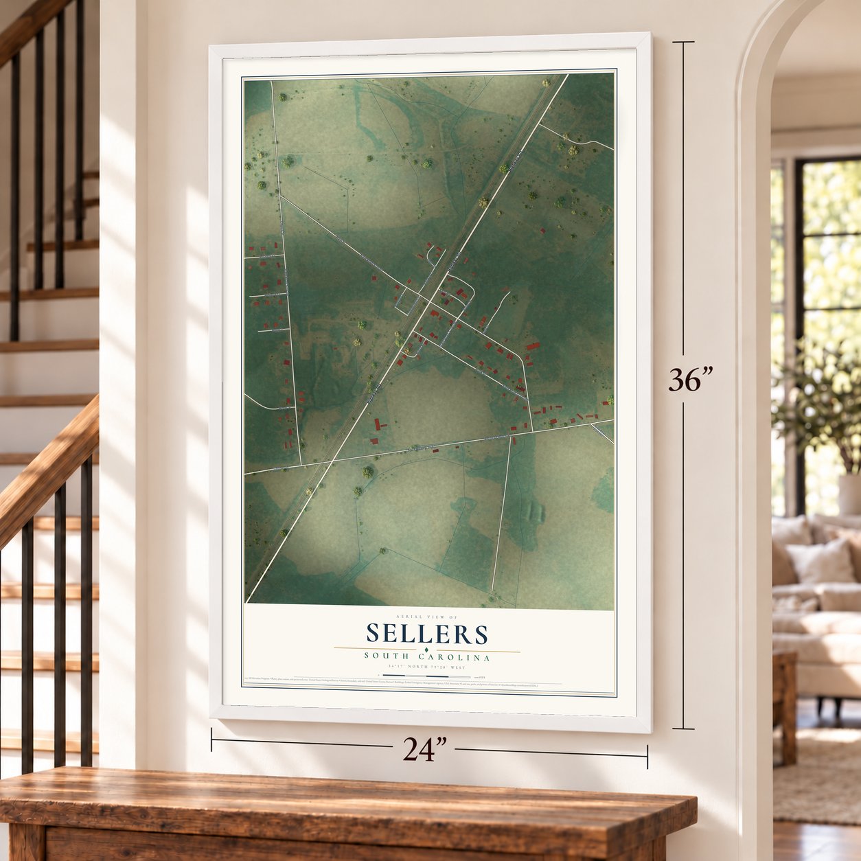 Sellers, South Carolina map, 24 x 36 inch print in a white frame by a staircase
