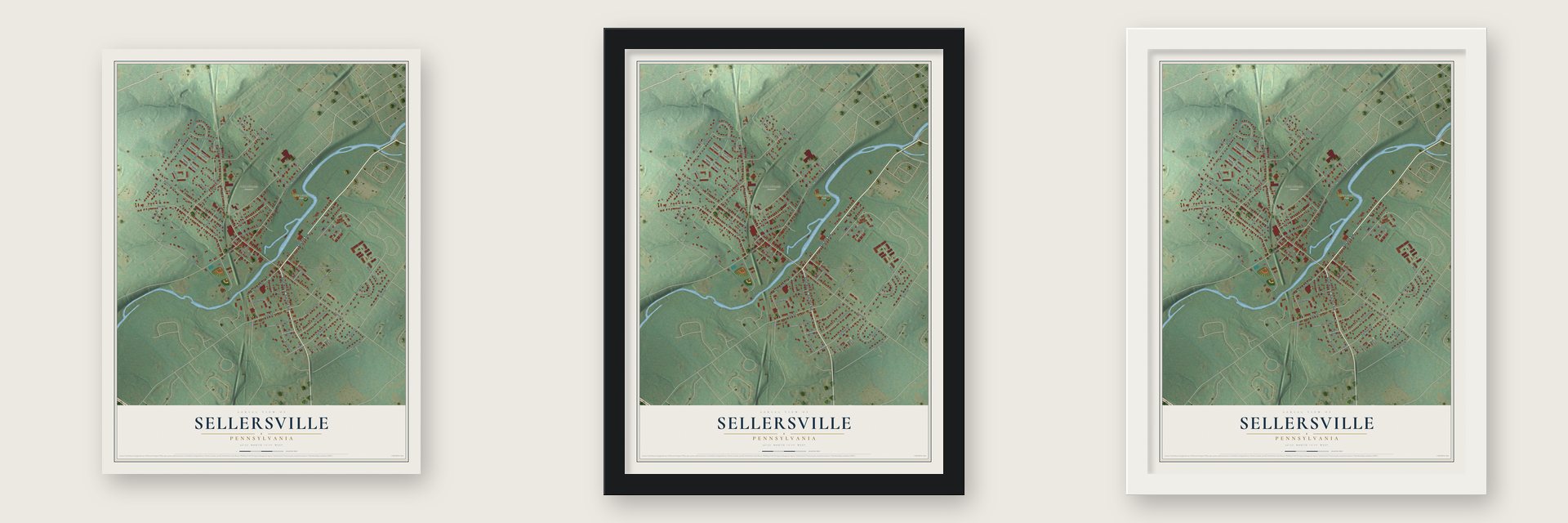 Sellersville, Pennsylvania map unframed, in a black wood frame and in a white wood frame