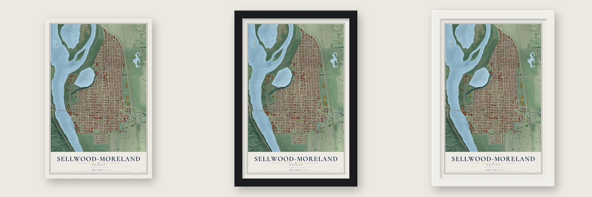 Sellwood-Moreland, Oregon map unframed, in a black wood frame and in a white wood frame