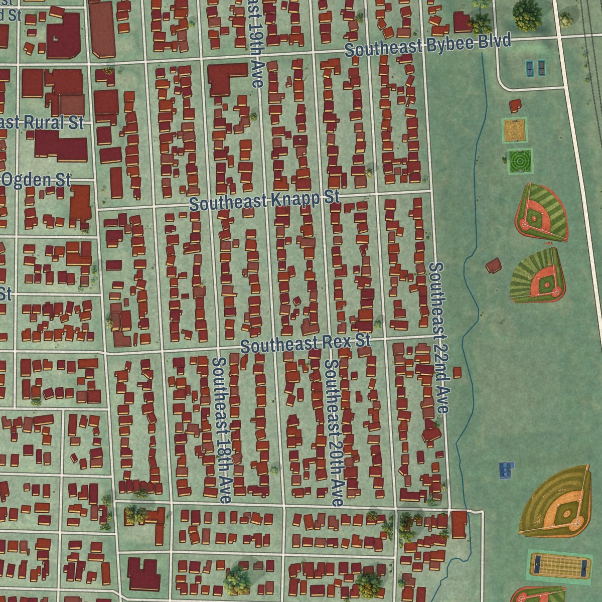 Second close-up of the map of Sellwood-Moreland, Oregon print showing more streets and buildings