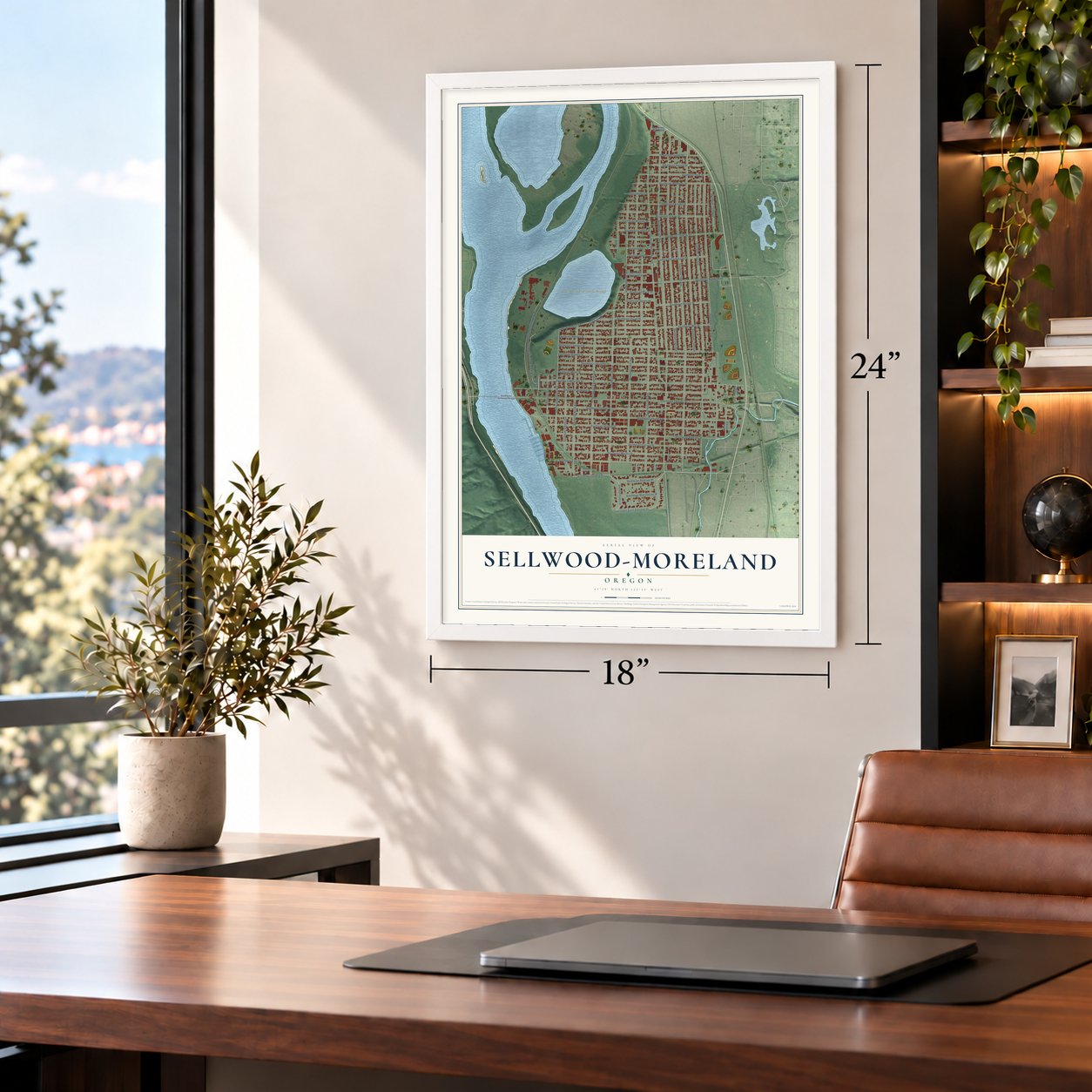 Sellwood-Moreland, Oregon map, 18 x 24 inch print in a white frame in a home office
