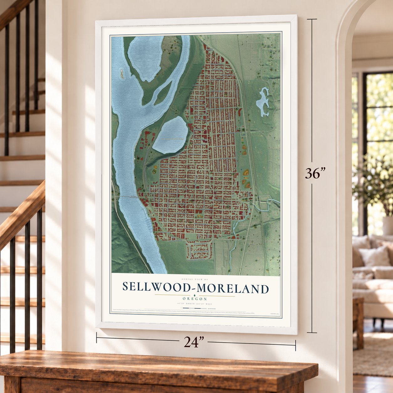 Sellwood-Moreland, Oregon map, 24 x 36 inch print in a white frame by a staircase