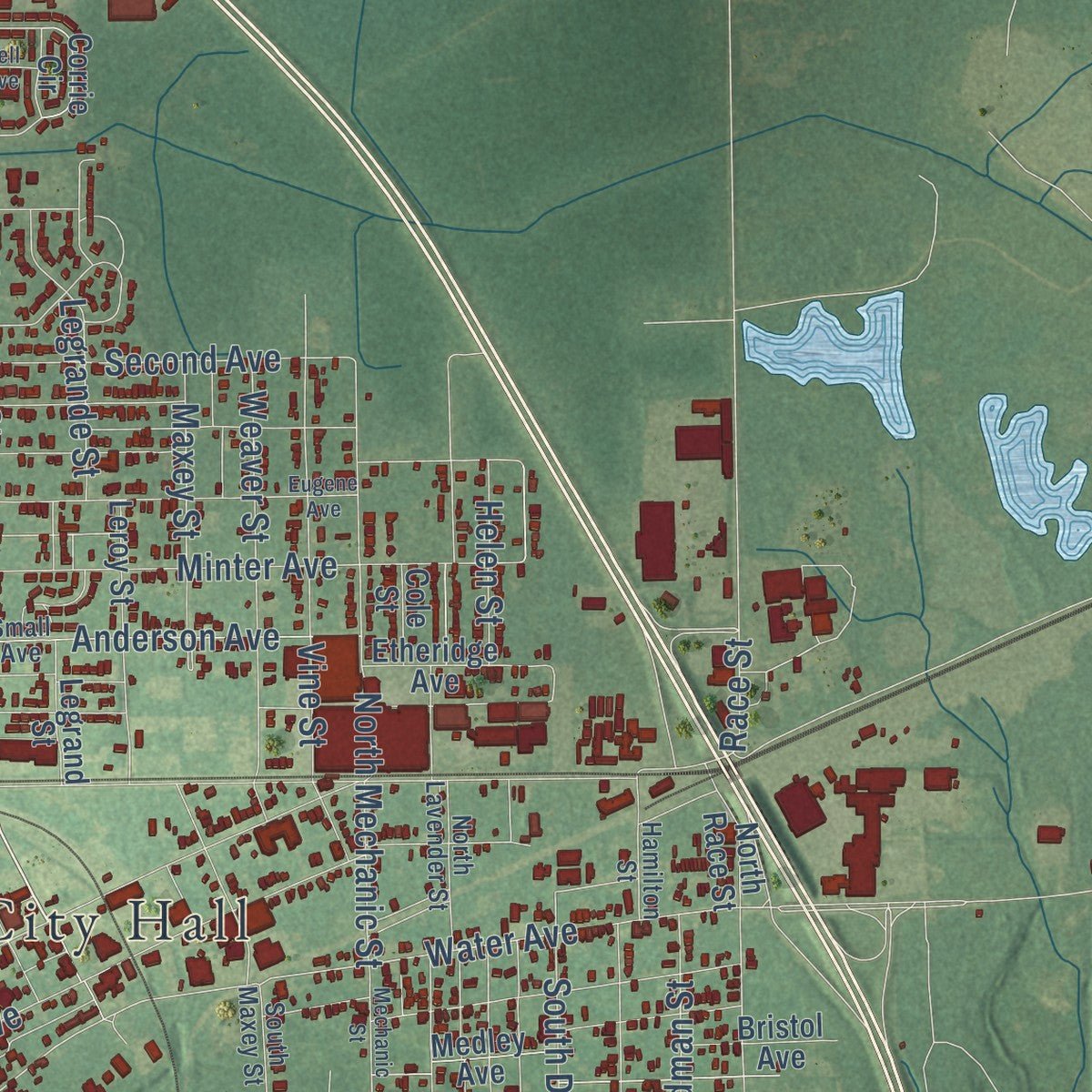 Second close-up of the map of Selma, Alabama print showing more streets and buildings