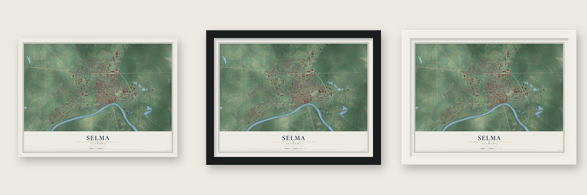 Selma, Alabama map unframed, in a black wood frame and in a white wood frame