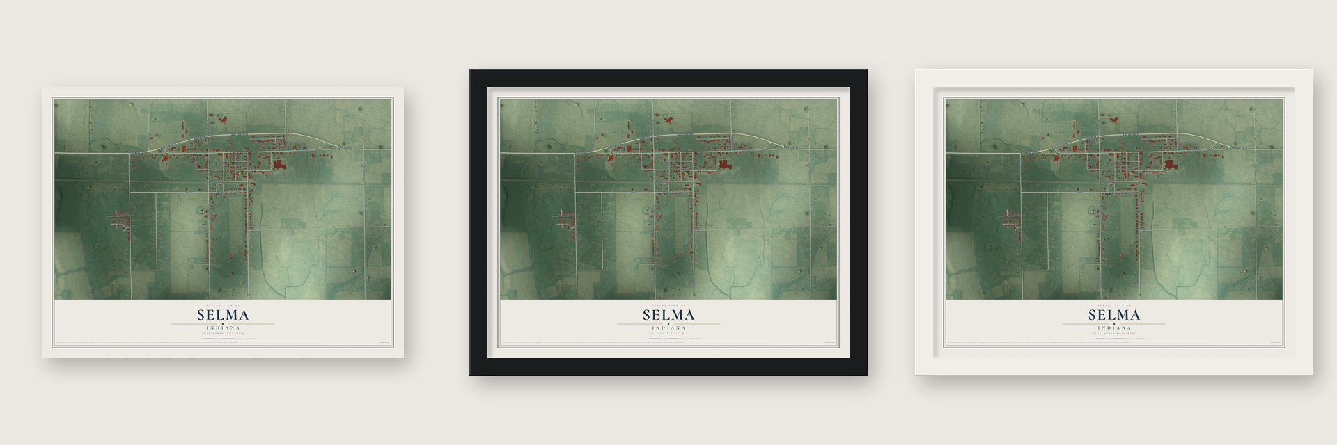 Selma, Indiana map unframed, in a black wood frame and in a white wood frame