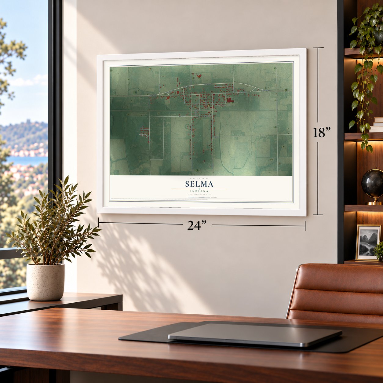 Selma, Indiana map, 18 x 24 inch print in a white frame in a home office