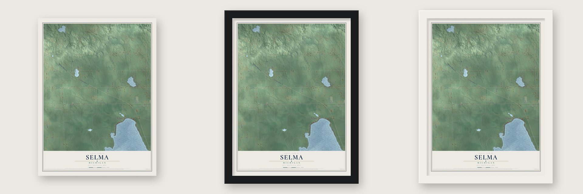 Selma, Michigan map unframed, in a black wood frame and in a white wood frame