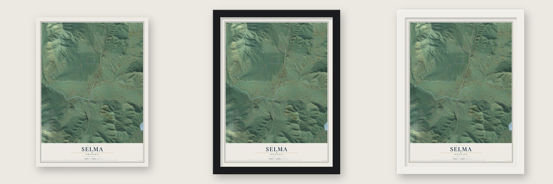 Selma, Oregon map unframed, in a black wood frame and in a white wood frame