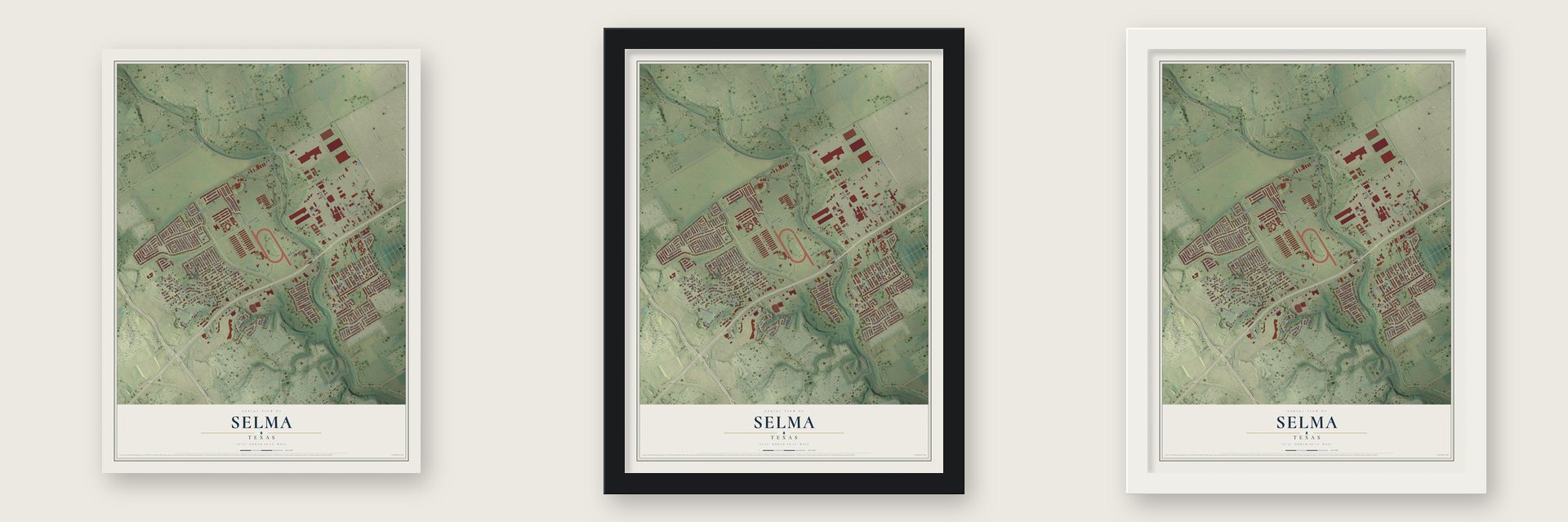 Selma, Texas map unframed, in a black wood frame and in a white wood frame