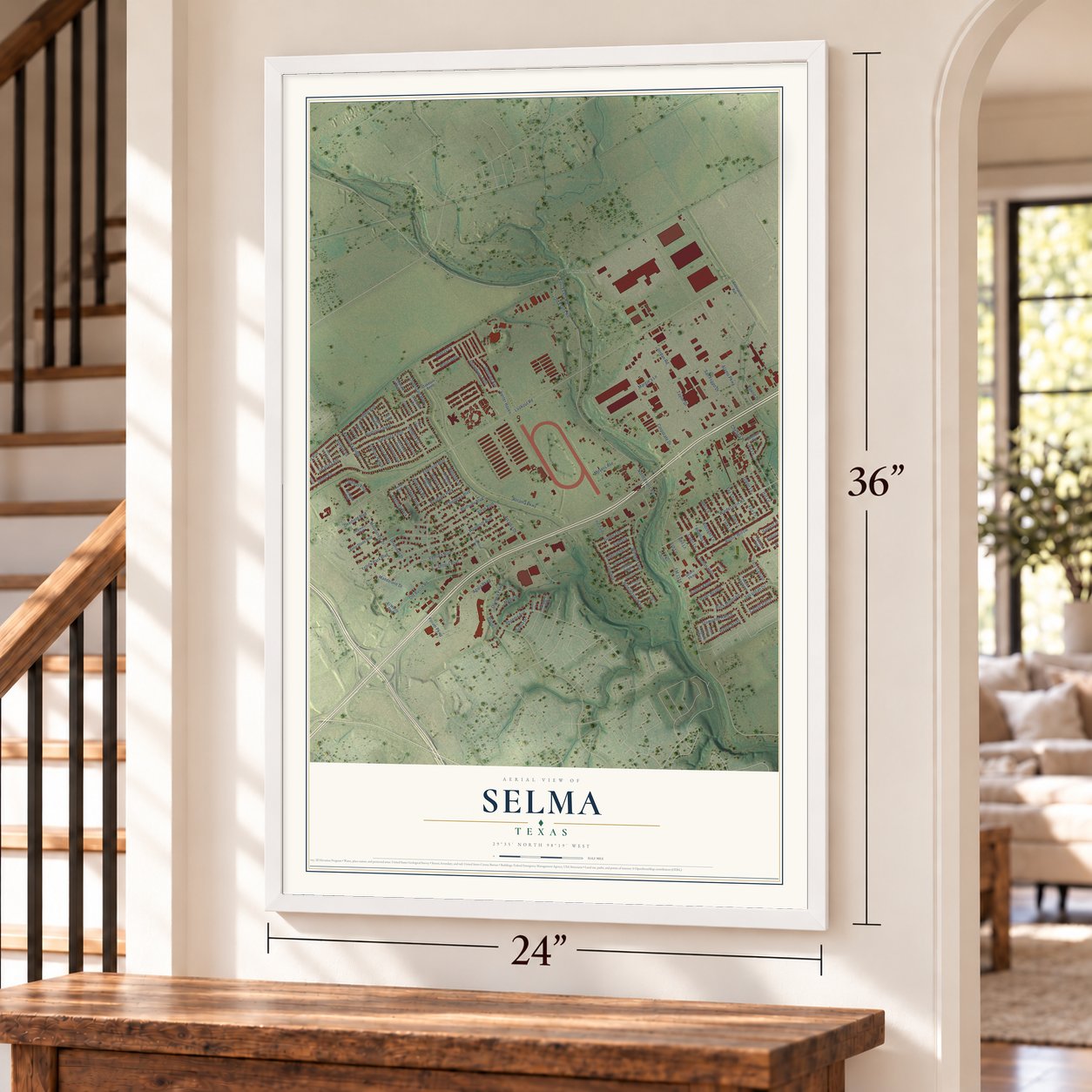 Selma, Texas map, 24 x 36 inch print in a white frame by a staircase