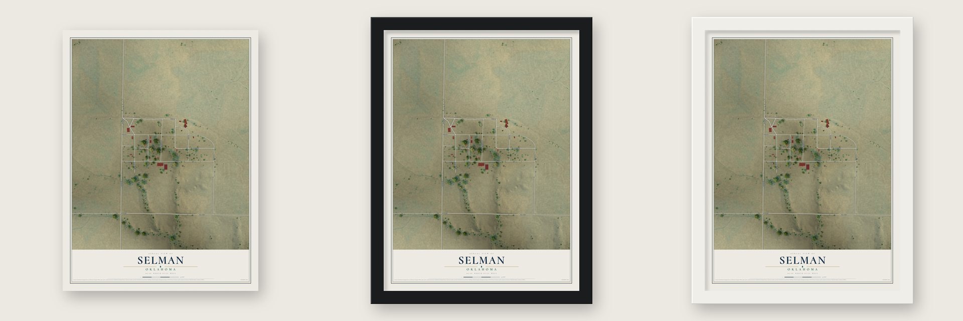 Selman, Oklahoma map unframed, in a black wood frame and in a white wood frame