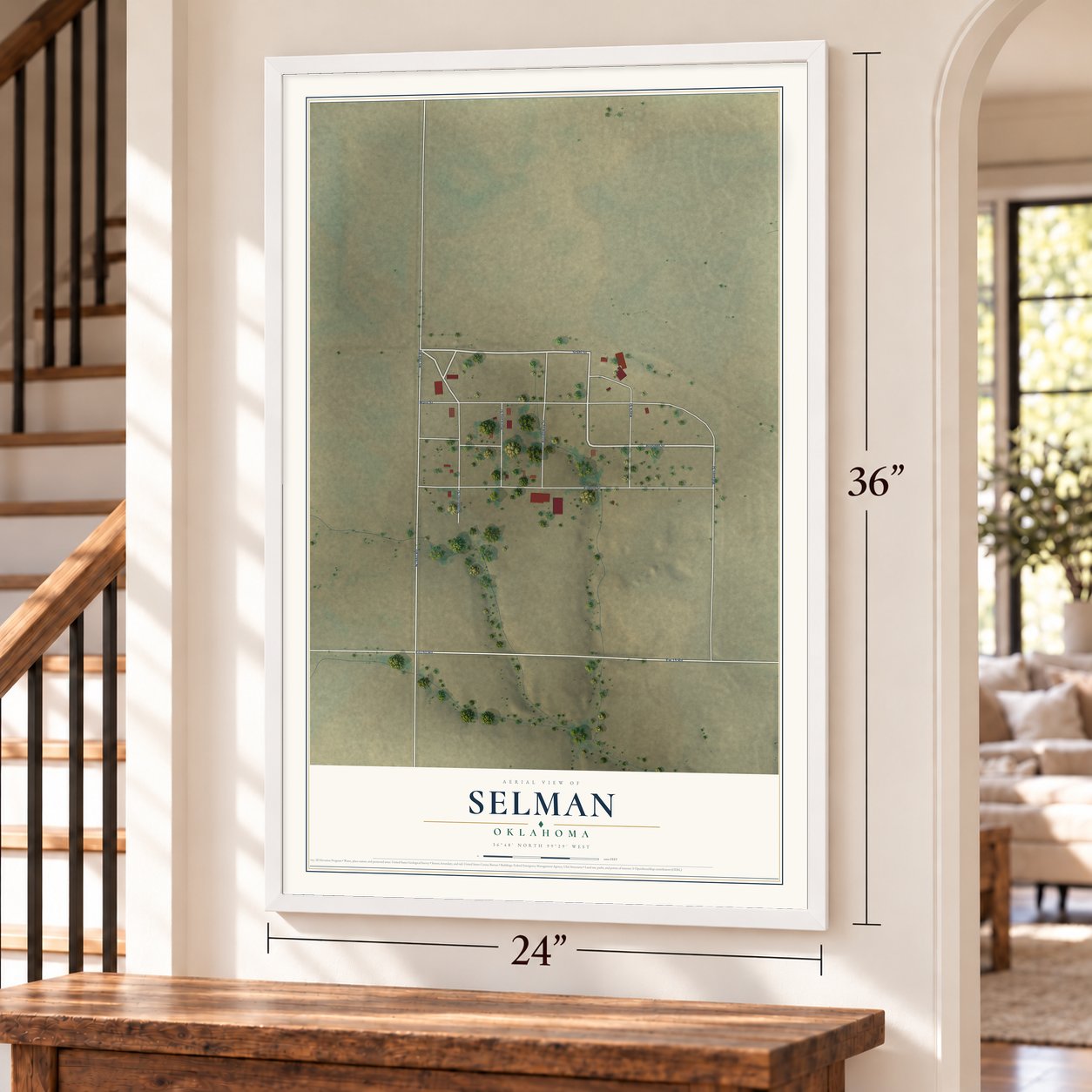 Selman, Oklahoma map, 24 x 36 inch print in a white frame by a staircase
