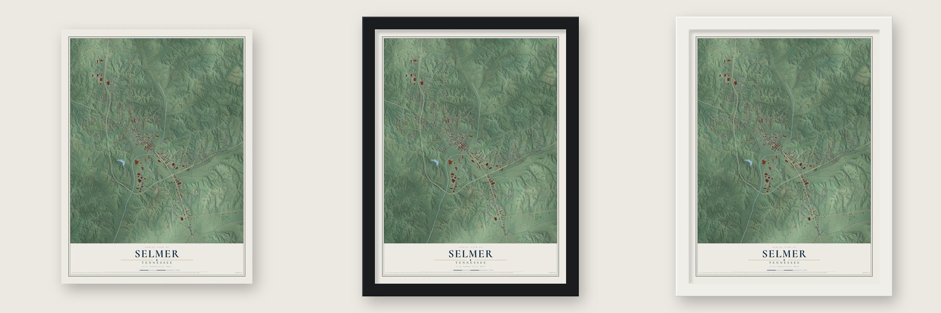 Selmer, Tennessee map unframed, in a black wood frame and in a white wood frame