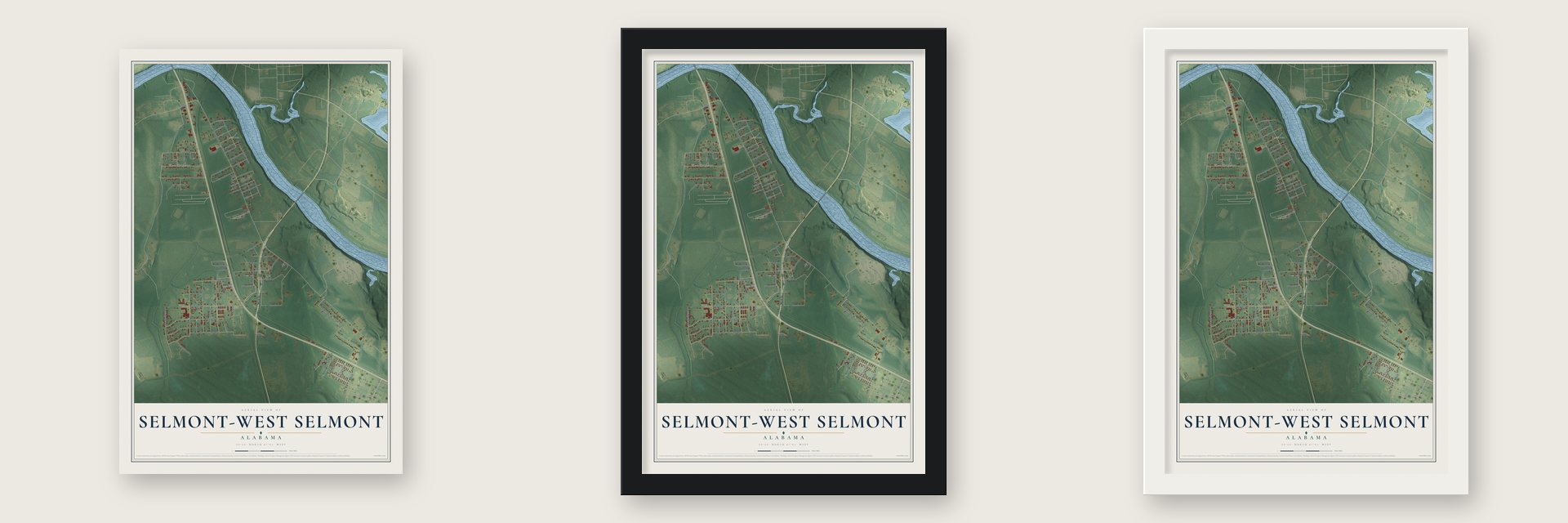 Selmont-West Selmont, Alabama map unframed, in a black wood frame and in a white wood frame