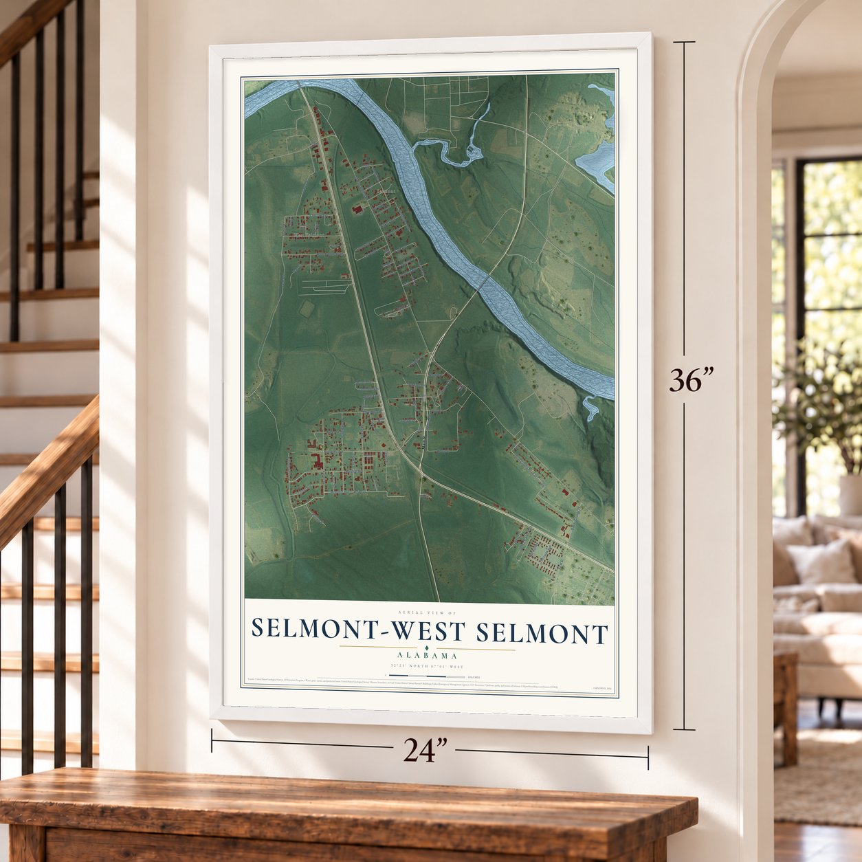 Selmont-West Selmont, Alabama map, 24 x 36 inch print in a white frame by a staircase
