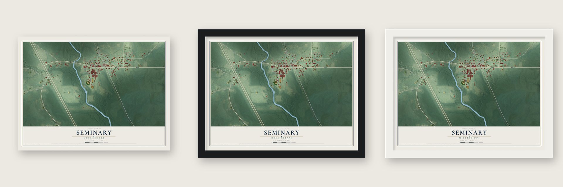 Seminary, Mississippi map unframed, in a black wood frame and in a white wood frame