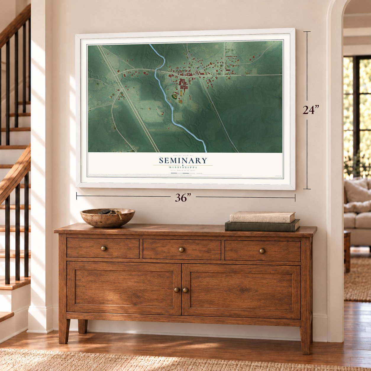 Seminary, Mississippi map, 24 x 36 inch print in a white frame above a dresser by a staircase