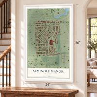Seminole Manor, Florida map, 24 x 36 inch print in a white frame by a staircase