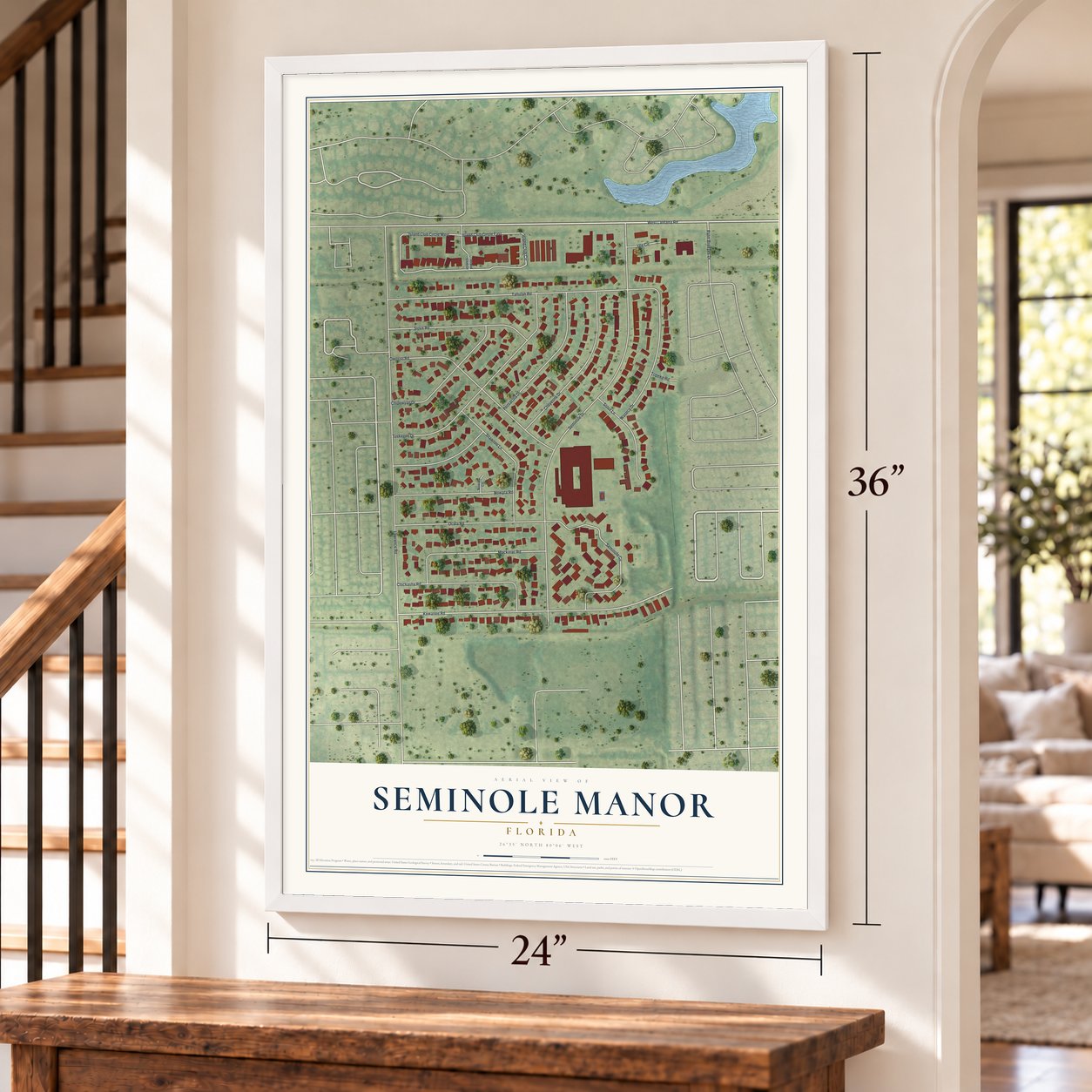 Seminole Manor, Florida map, 24 x 36 inch print in a white frame by a staircase