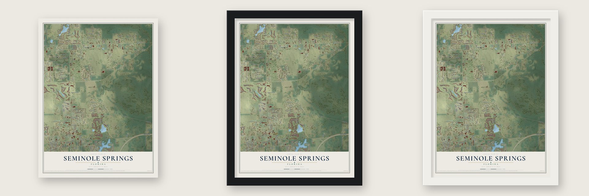 Seminole Springs, Florida map unframed, in a black wood frame and in a white wood frame