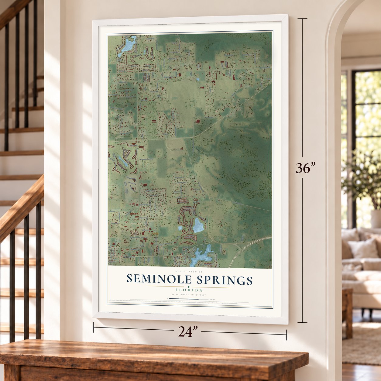 Seminole Springs, Florida map, 24 x 36 inch print in a white frame by a staircase