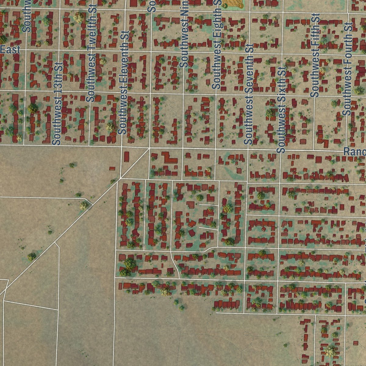 Second close-up of the map of Seminole, Texas print showing more streets and buildings