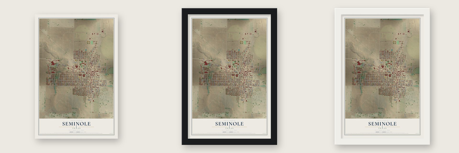 Seminole, Texas map unframed, in a black wood frame and in a white wood frame