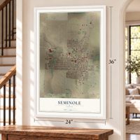 Seminole, Texas map, 24 x 36 inch print in a white frame by a staircase