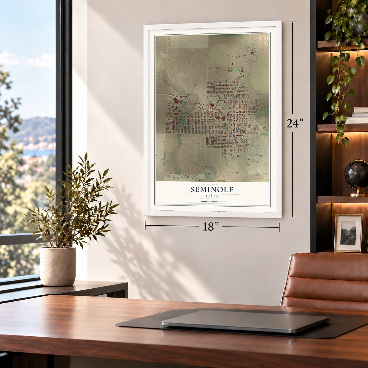 Seminole, Texas map, 18 x 24 inch print in a white frame in a home office