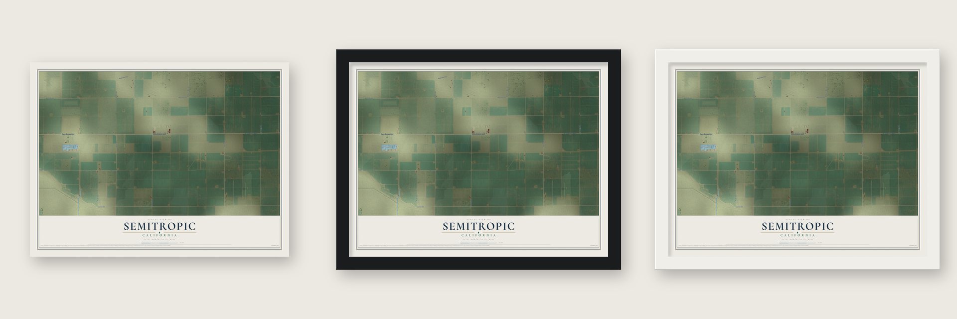 Semitropic, California map unframed, in a black wood frame and in a white wood frame