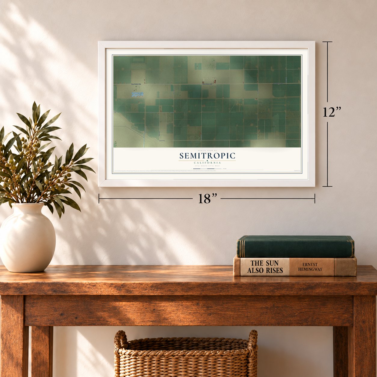 Semitropic, California map, 12 x 18 inch print in a white frame in an entryway