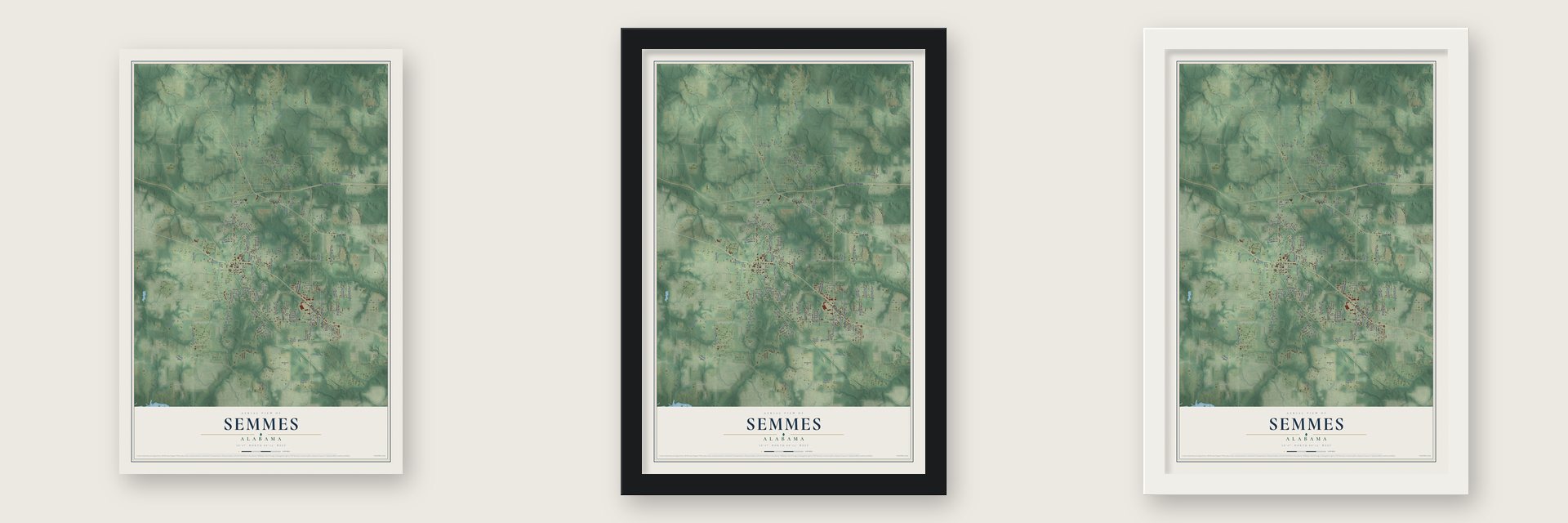Semmes, Alabama map unframed, in a black wood frame and in a white wood frame